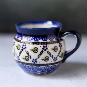 Festive Garden Polish Pottery Bubble Mug Blue Floral Swirl Boleslawiec 3" tall